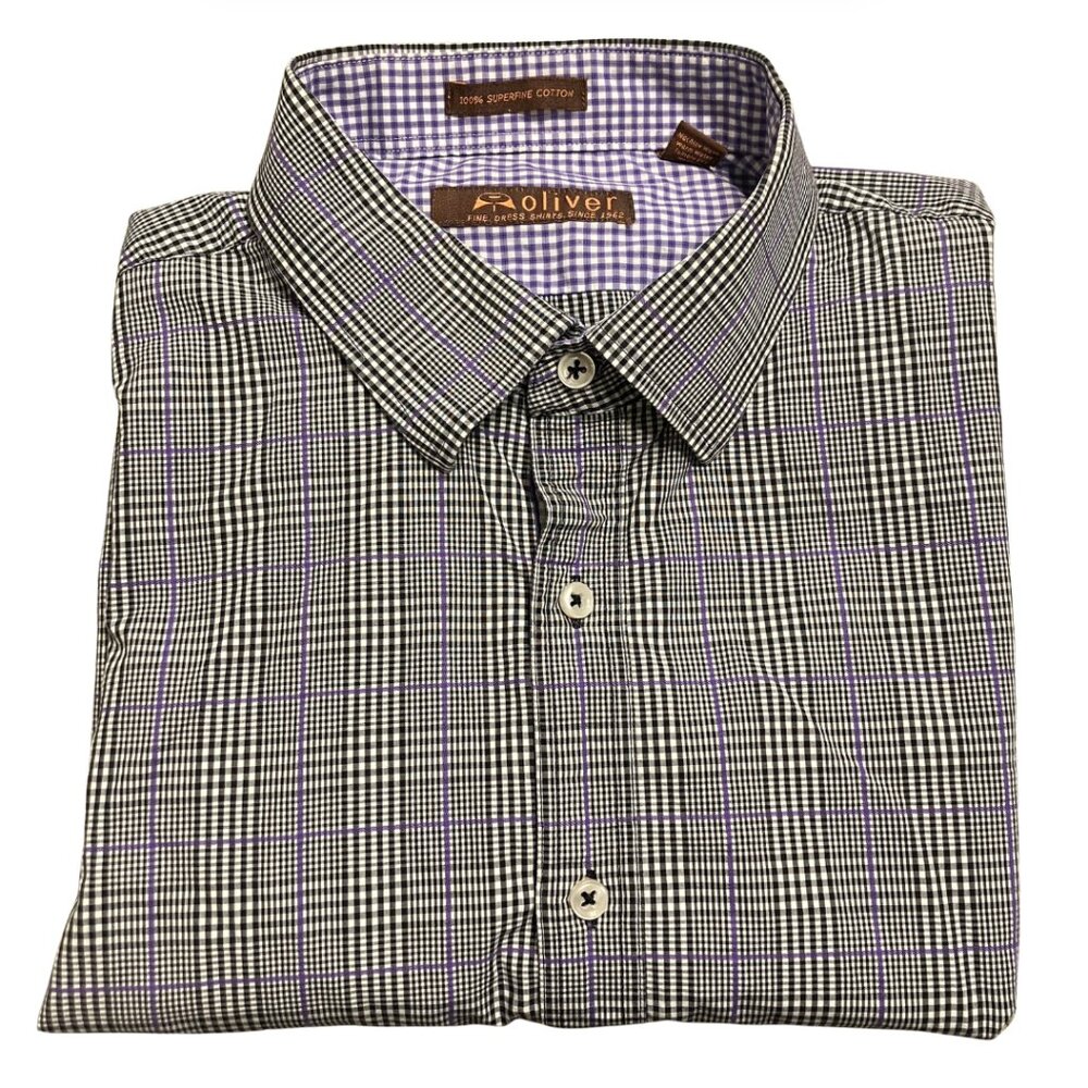 Oliver Fine Dress Shirt Black Purple Checkered Size Large 100% Cotton